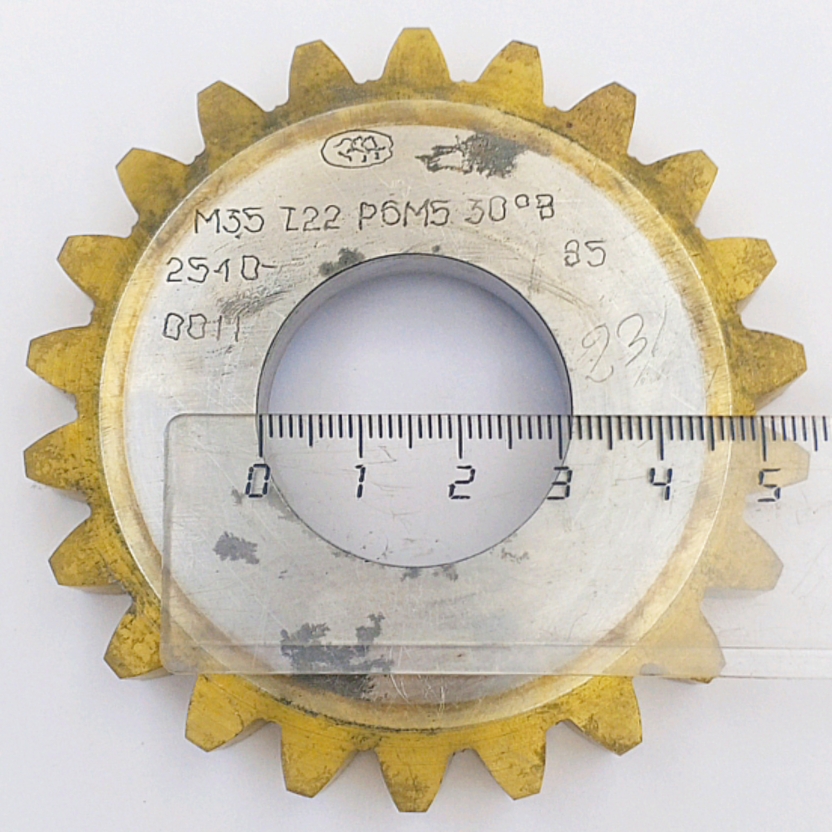 Долбяк дисковый прямозубый 2540-0011 м3,5 30° Z=22 кл-В Р6М5 (делительный диаметр 77мм) ГОСТ 6762-79