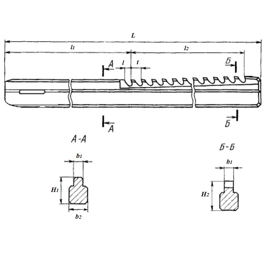 Протяжка шпоночная 22мм  (b1-21,1мм; b-21,1мм; H1-40мм; Н-48,85мм; L-1400мм; l-17мм; l1-470мм; l2-885мм; z-35; t-26мм)